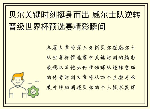 贝尔关键时刻挺身而出 威尔士队逆转晋级世界杯预选赛精彩瞬间