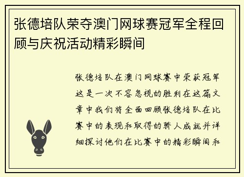 张德培队荣夺澳门网球赛冠军全程回顾与庆祝活动精彩瞬间