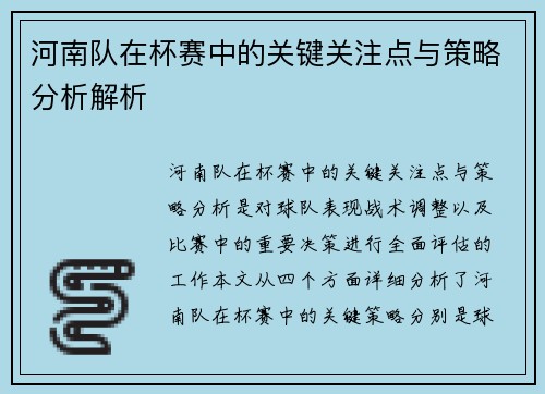河南队在杯赛中的关键关注点与策略分析解析